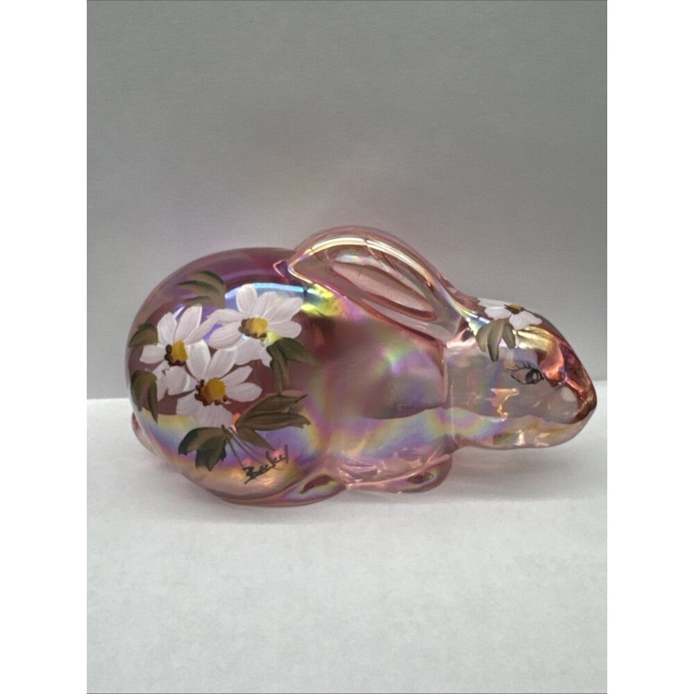 Mosser Glass Pink Iridescent Rabbit Bunny Handpaint Flower Floral Figurine Sign